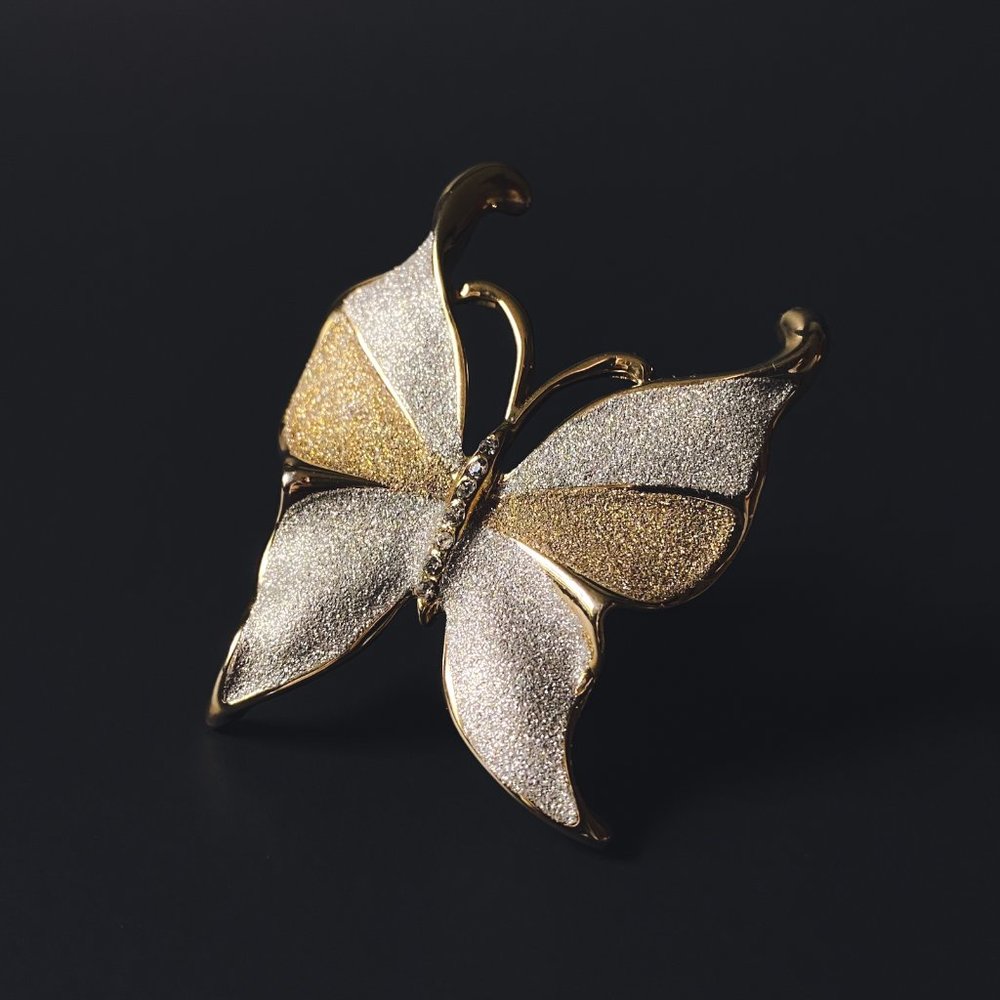 Gold Silver Glitter Sparkle Gold Tone Rhinestone Statement Butterfly Brooch Pin